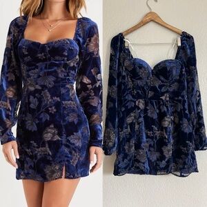 Simply Decadent Navy Floral Velvet Burnout Bustier Mini Dress